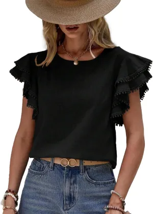 Women's Dressy Casual Tops Business Work Blouses Linen Shirts Cap Sleeve Crew Neck Tshirt Basic Tees