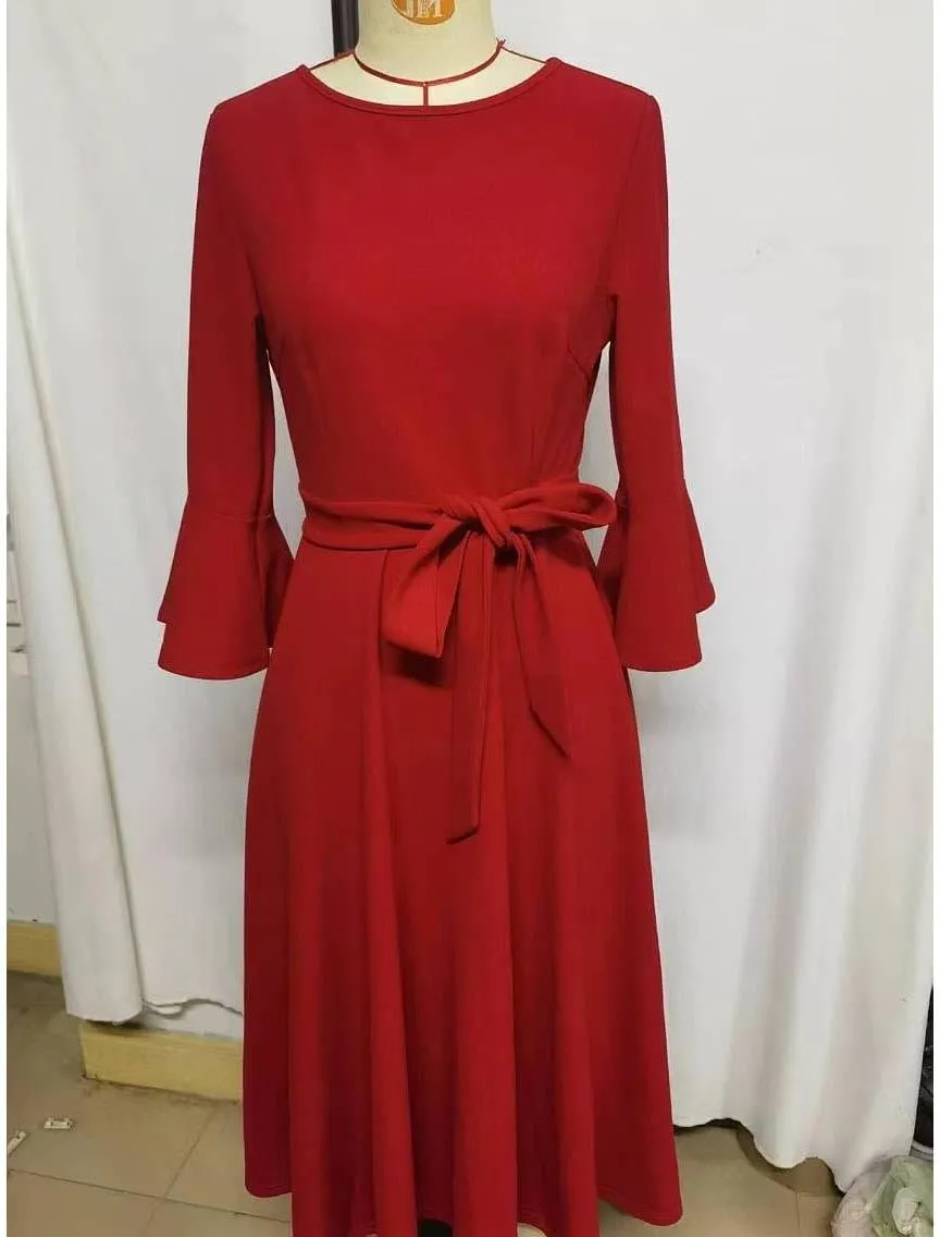 Women's Elegant Bell Sleeve Cocktail Party Dresses for Wedding Guest Fit Flare Swing Hem Midi Evening Dress 2025