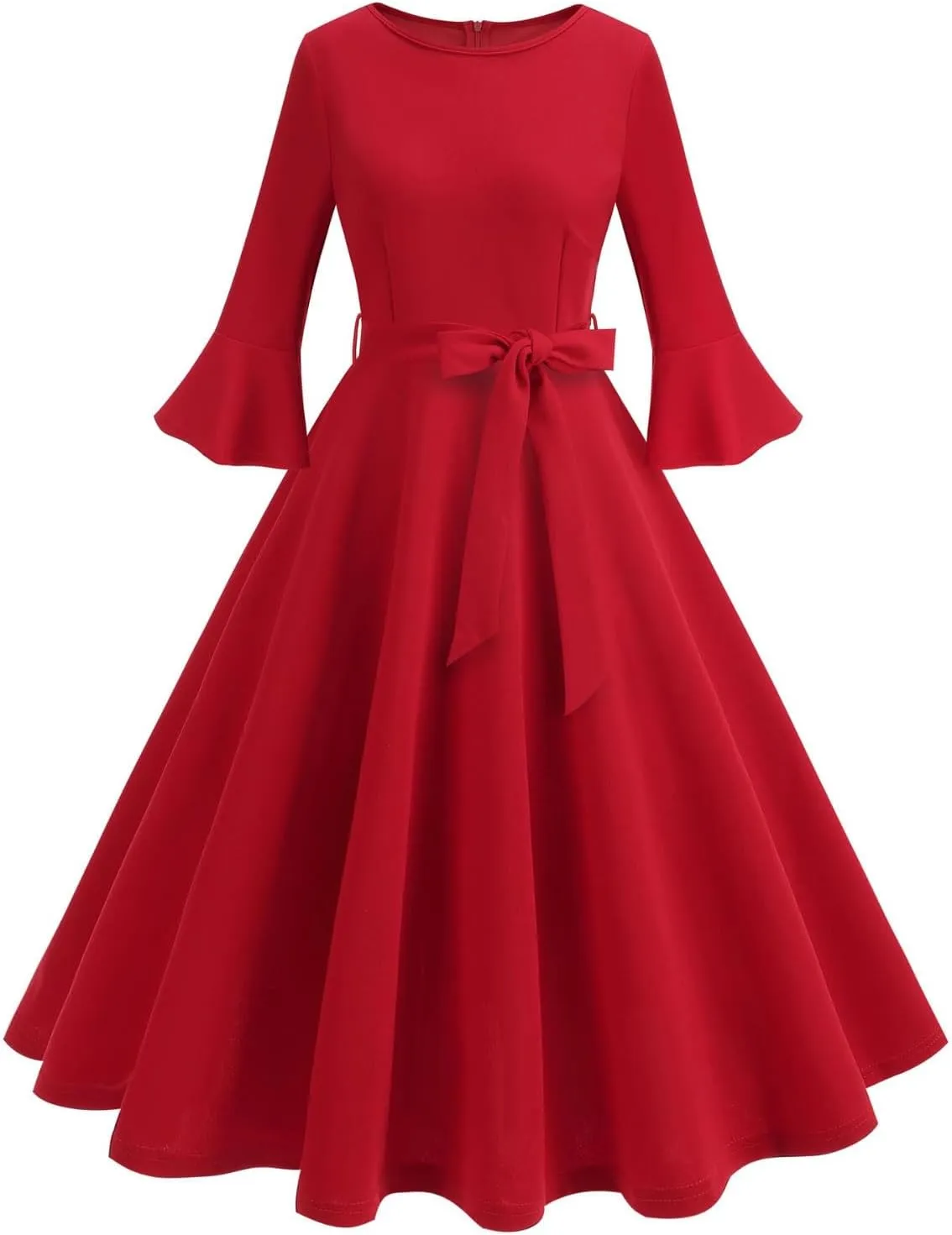 Women's Elegant Bell Sleeve Cocktail Party Dresses for Wedding Guest Fit Flare Swing Hem Midi Evening Dress 2025
