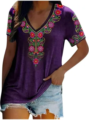 Women's Embroidered Tops Mexican Print Shirt V Neck Summer Casual Top Short Sleeve Tunic Tees Loose Blouses