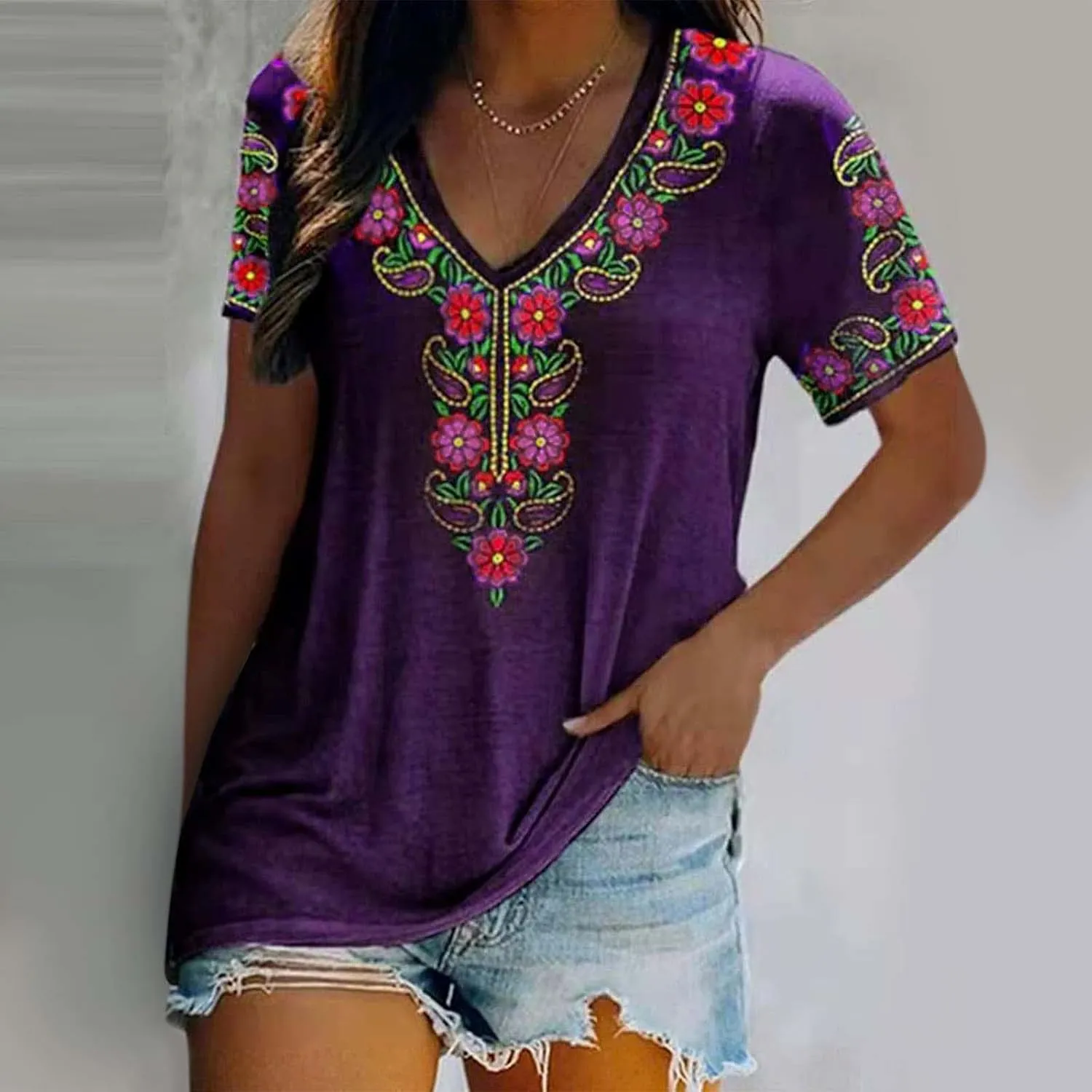 Women's Embroidered Tops Mexican Print Shirt V Neck Summer Casual Top Short Sleeve Tunic Tees Loose Blouses