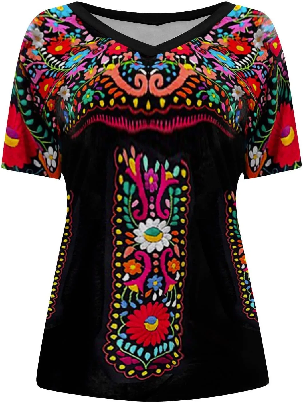 Women's Embroidered Tops Mexican Print Shirt V Neck Summer Casual Top Short Sleeve Tunic Tees Loose Blouses