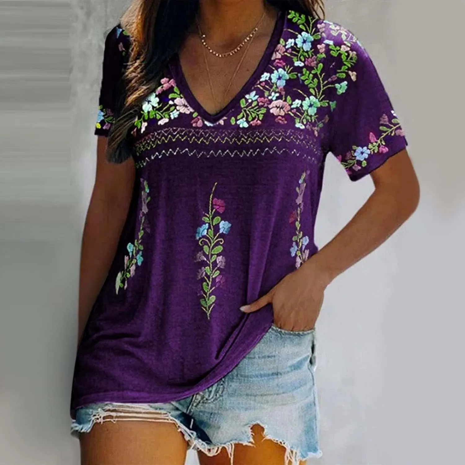 Women's Embroidered Tops Mexican Print Shirt V Neck Summer Casual Top Short Sleeve Tunic Tees Loose Blouses