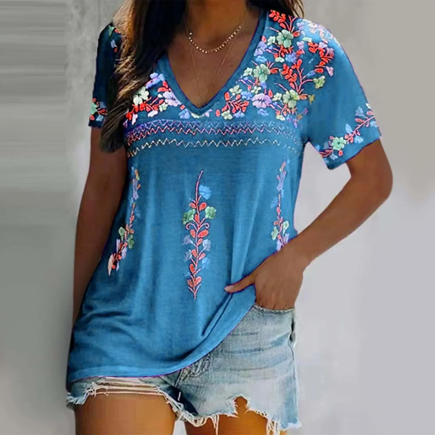 Women's Embroidered Tops Mexican Print Shirt V Neck Summer Casual Top Short Sleeve Tunic Tees Loose Blouses