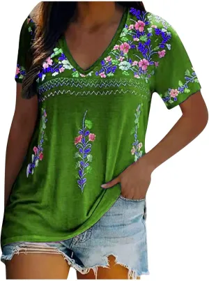 Women's Embroidered Tops Mexican Print Shirt V Neck Summer Casual Top Short Sleeve Tunic Tees Loose Blouses