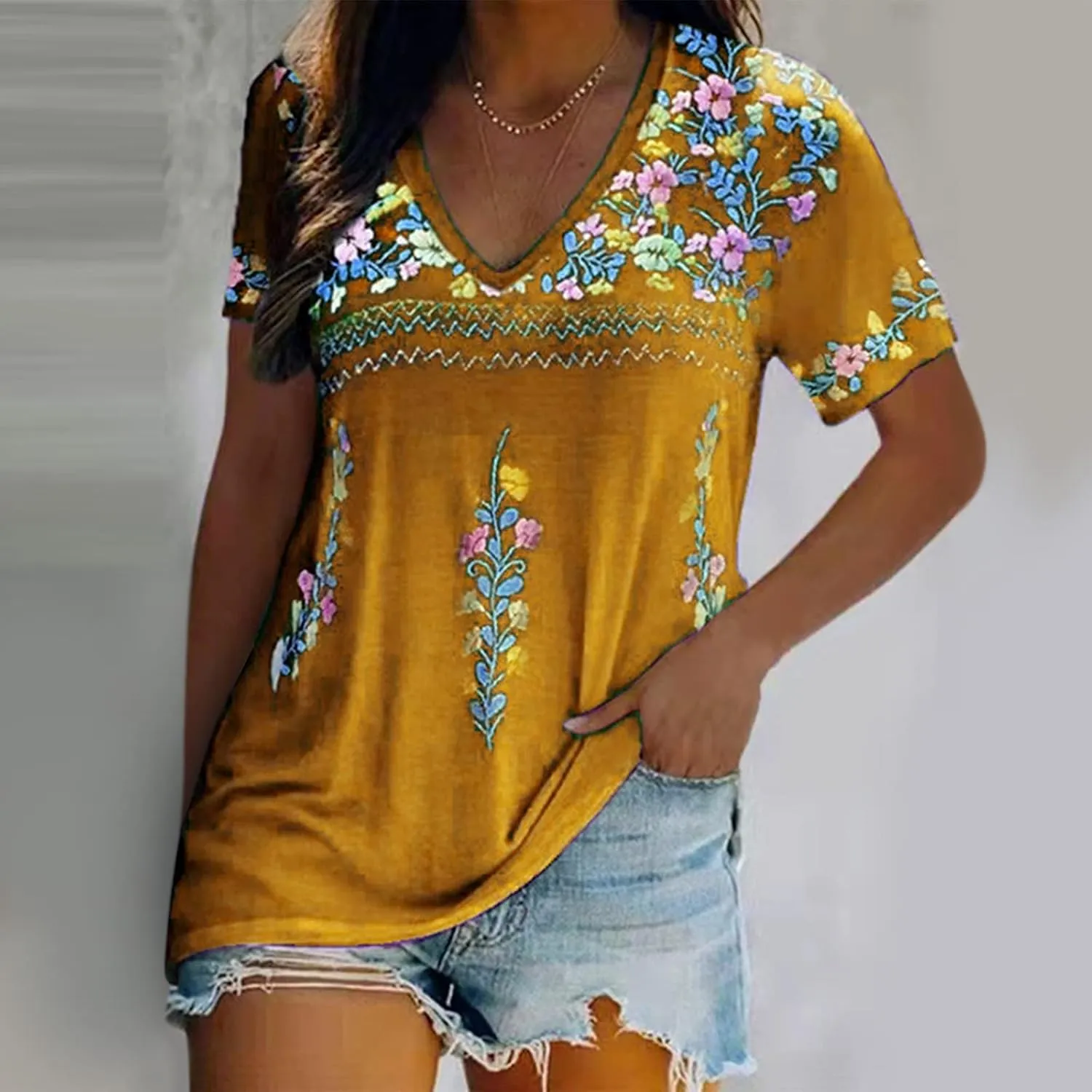 Women's Embroidered Tops Mexican Print Shirt V Neck Summer Casual Top Short Sleeve Tunic Tees Loose Blouses