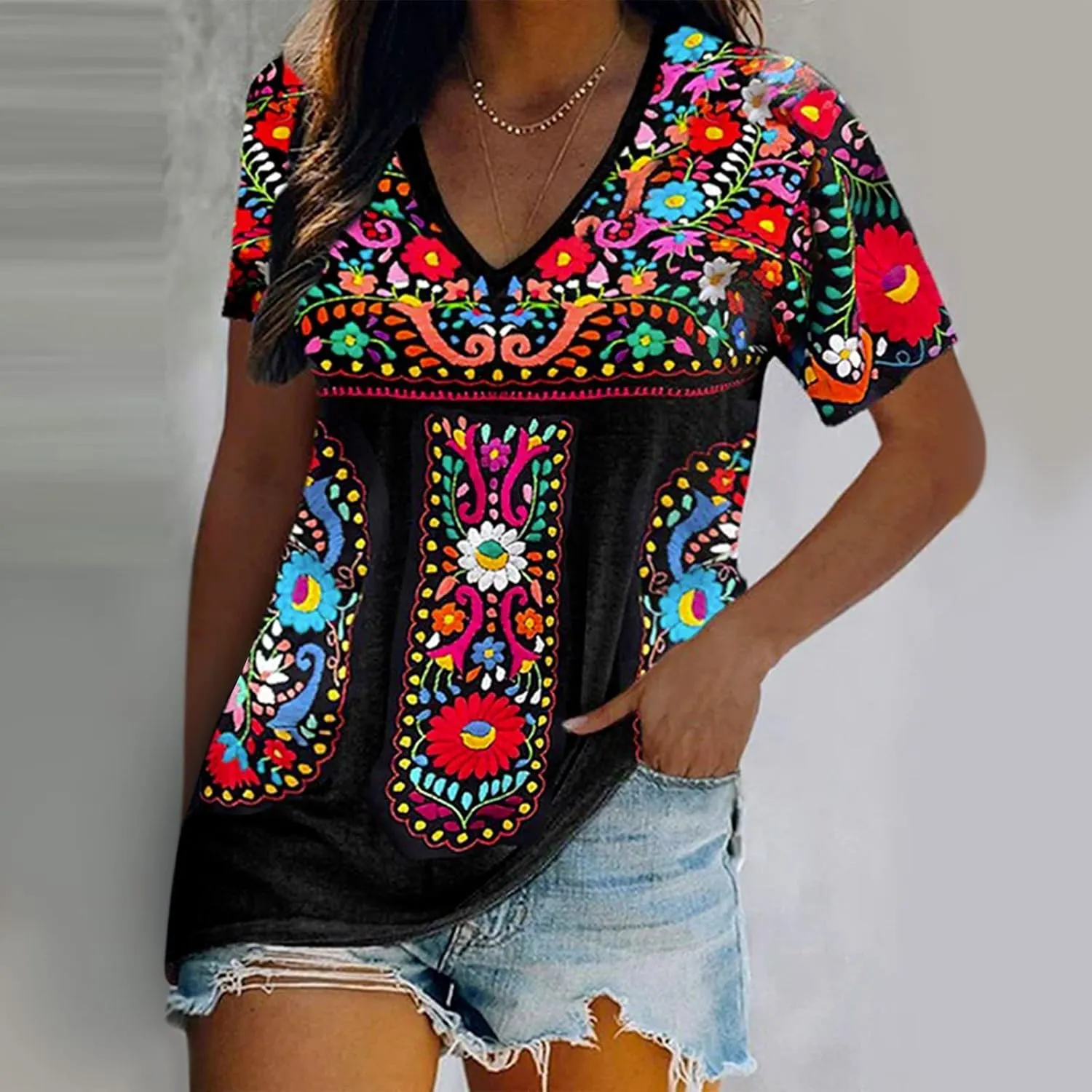 Women's Embroidered Tops Mexican Print Shirt V Neck Summer Casual Top Short Sleeve Tunic Tees Loose Blouses