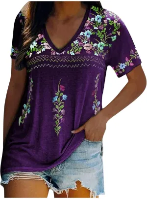 Women's Embroidered Tops Mexican Print Shirt V Neck Summer Casual Top Short Sleeve Tunic Tees Loose Blouses