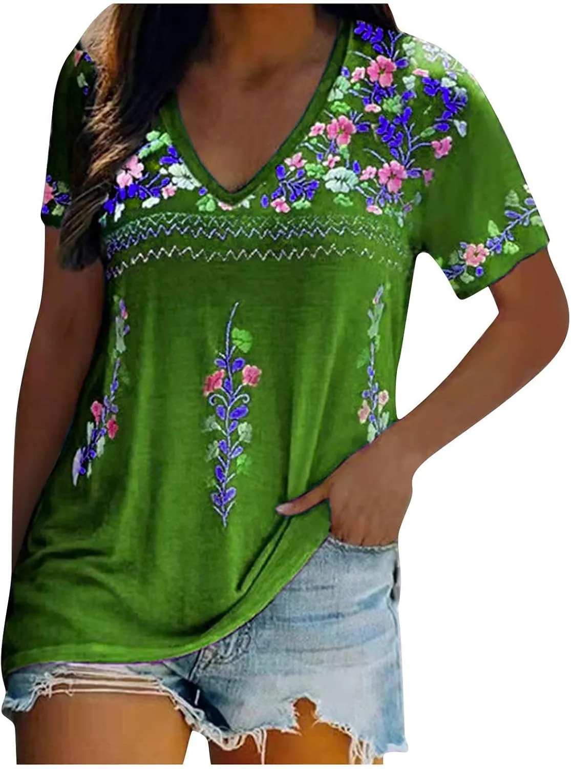 Women's Embroidered Tops Mexican Print Shirt V Neck Summer Casual Top Short Sleeve Tunic Tees Loose Blouses