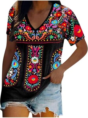 Women's Embroidered Tops Mexican Print Shirt V Neck Summer Casual Top Short Sleeve Tunic Tees Loose Blouses