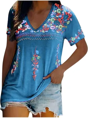 Women's Embroidered Tops Mexican Print Shirt V Neck Summer Casual Top Short Sleeve Tunic Tees Loose Blouses