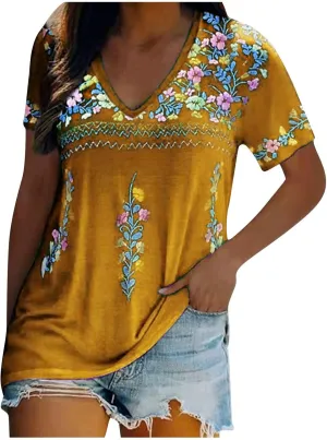 Women's Embroidered Tops Mexican Print Shirt V Neck Summer Casual Top Short Sleeve Tunic Tees Loose Blouses