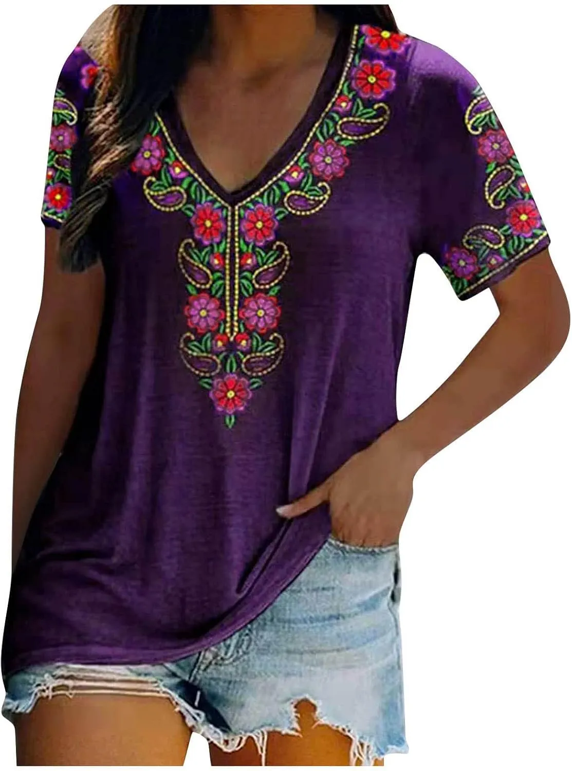 Women's Embroidered Tops Mexican Print Shirt V Neck Summer Casual Top Short Sleeve Tunic Tees Loose Blouses
