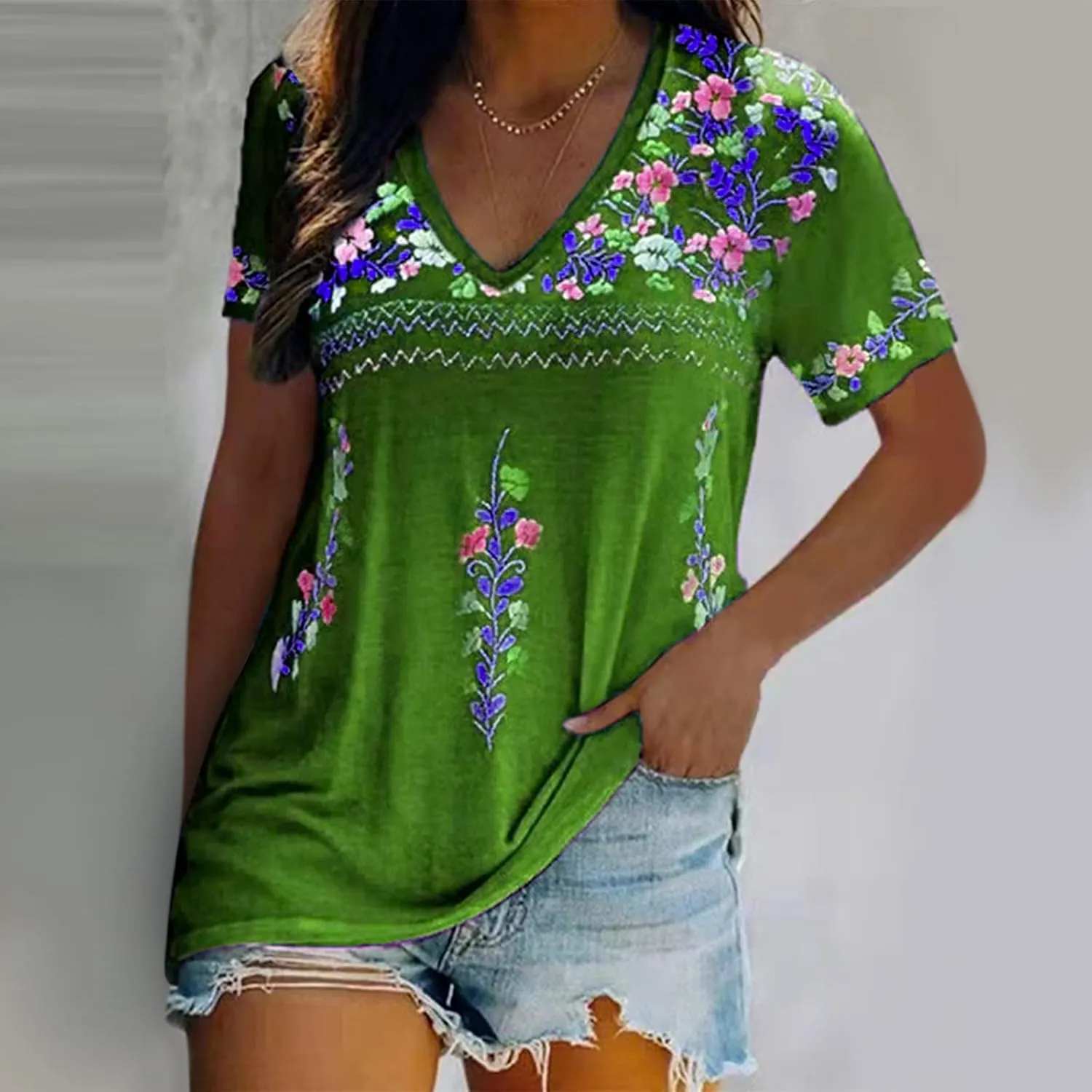 Women's Embroidered Tops Mexican Print Shirt V Neck Summer Casual Top Short Sleeve Tunic Tees Loose Blouses