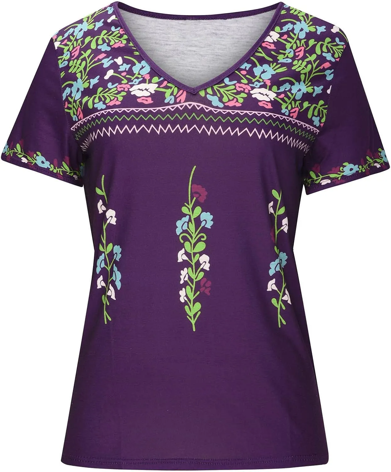 Women's Embroidered Tops Mexican Print Shirt V Neck Summer Casual Top Short Sleeve Tunic Tees Loose Blouses