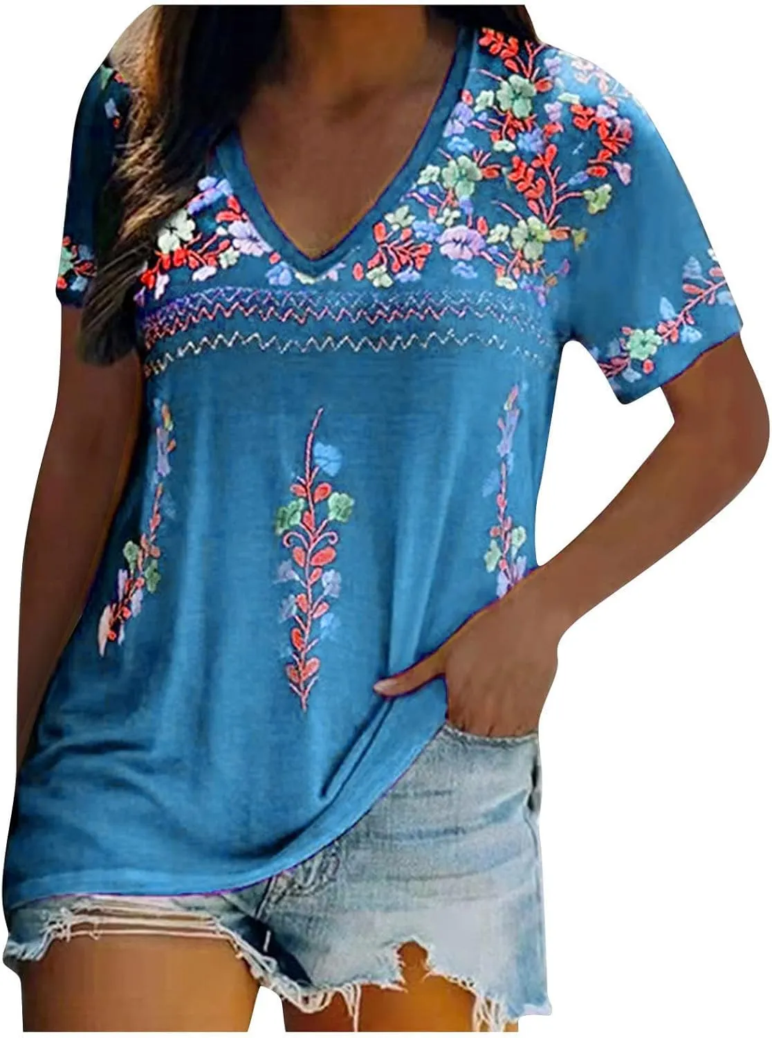 Women's Embroidered Tops Mexican Print Shirt V Neck Summer Casual Top Short Sleeve Tunic Tees Loose Blouses