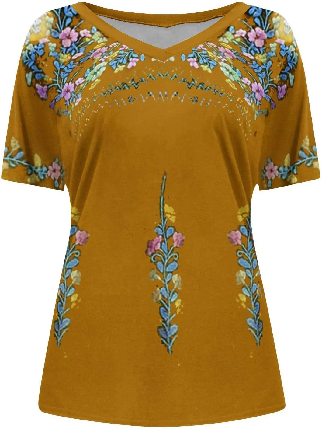 Women's Embroidered Tops Mexican Print Shirt V Neck Summer Casual Top Short Sleeve Tunic Tees Loose Blouses