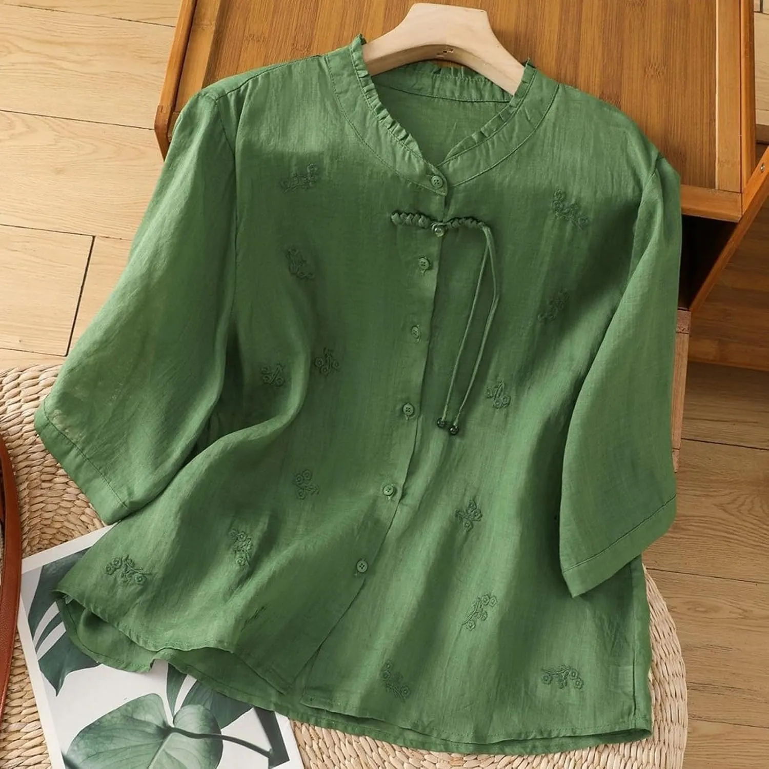 Womens Embroidery Shirts Solid Long Sleeve Cotton Linen Summer Casual Fashion Blouse Tops Loose T Shirt