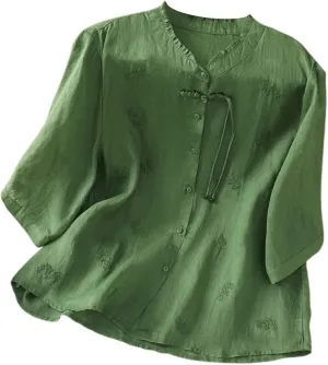 Womens Embroidery Shirts Solid Long Sleeve Cotton Linen Summer Casual Fashion Blouse Tops Loose T Shirt