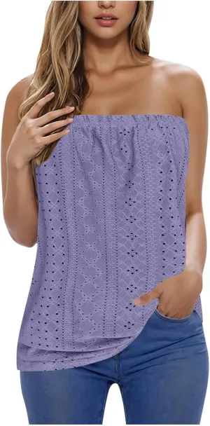 Women's Eyelet Tube Tops Strapless Bandeau Tank Top Casual Summer Sleeveless Shirts Loose Casual Basic Tees