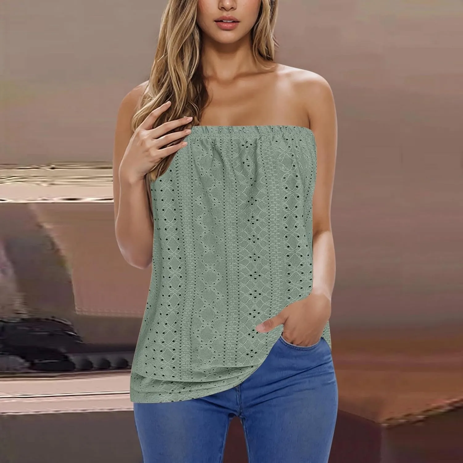 Women's Eyelet Tube Tops Strapless Bandeau Tank Top Casual Summer Sleeveless Shirts Loose Casual Basic Tees