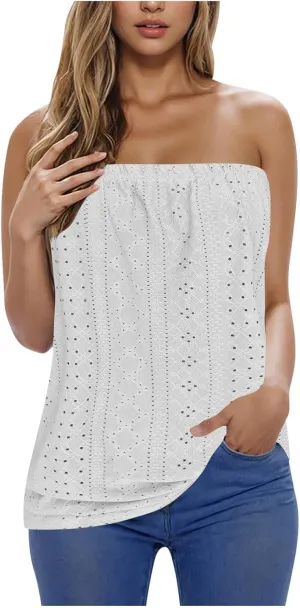 Women's Eyelet Tube Tops Strapless Bandeau Tank Top Casual Summer Sleeveless Shirts Loose Casual Basic Tees
