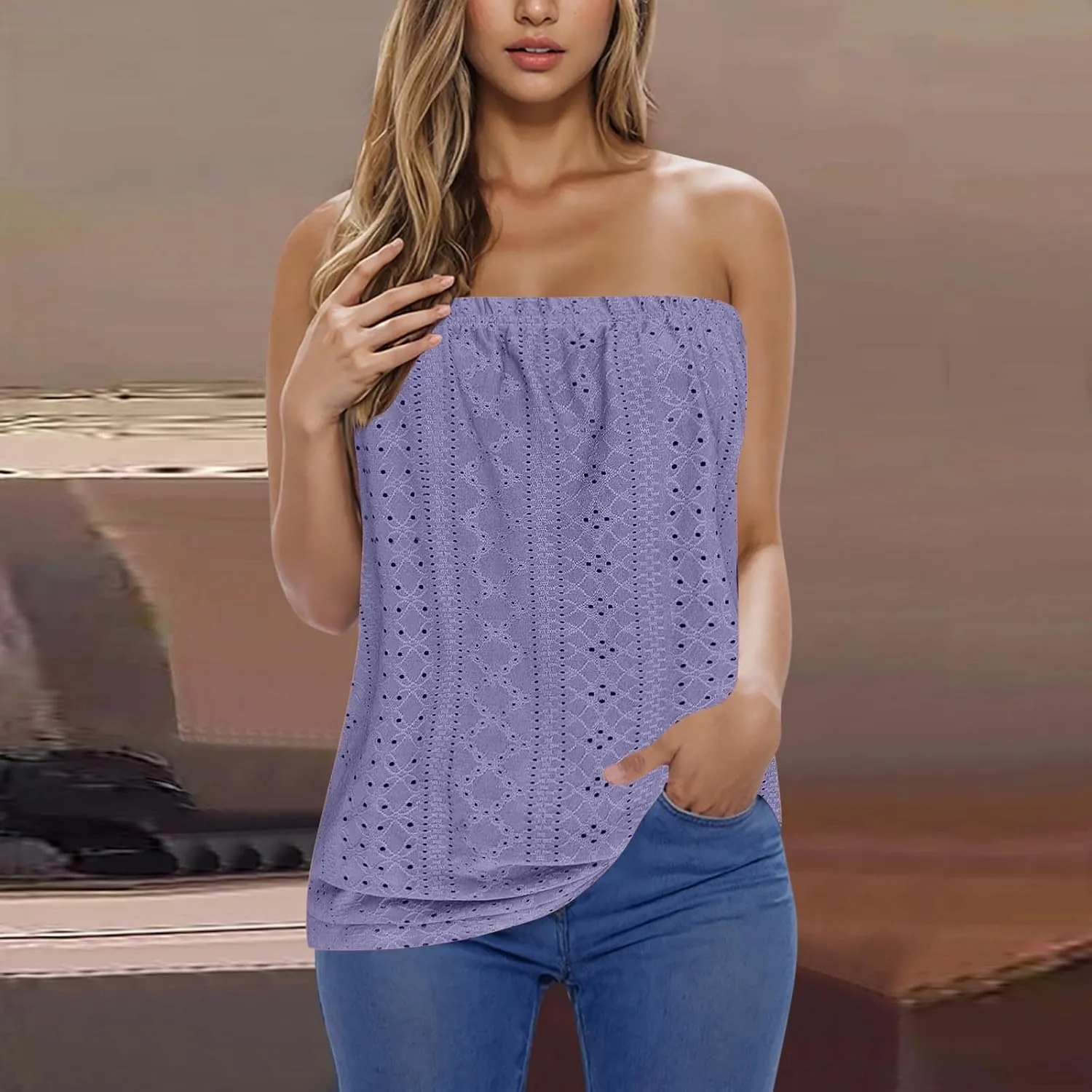 Women's Eyelet Tube Tops Strapless Bandeau Tank Top Casual Summer Sleeveless Shirts Loose Casual Basic Tees