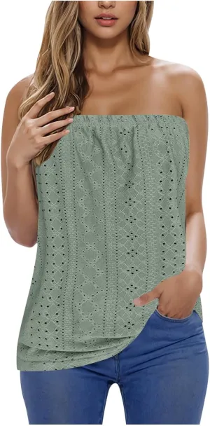Women's Eyelet Tube Tops Strapless Bandeau Tank Top Casual Summer Sleeveless Shirts Loose Casual Basic Tees