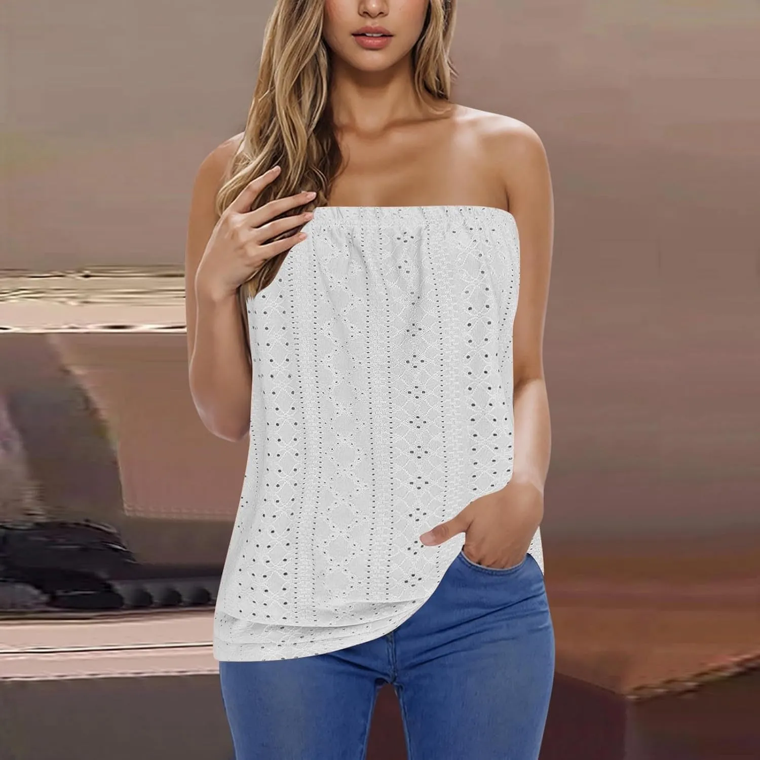 Women's Eyelet Tube Tops Strapless Bandeau Tank Top Casual Summer Sleeveless Shirts Loose Casual Basic Tees