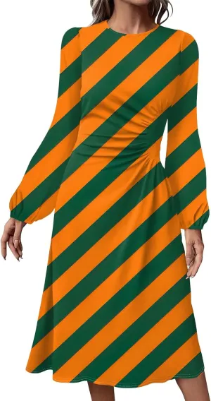 Women's Fashion Casual Print Round Neck Long Sleeve Midi Fashion Dress