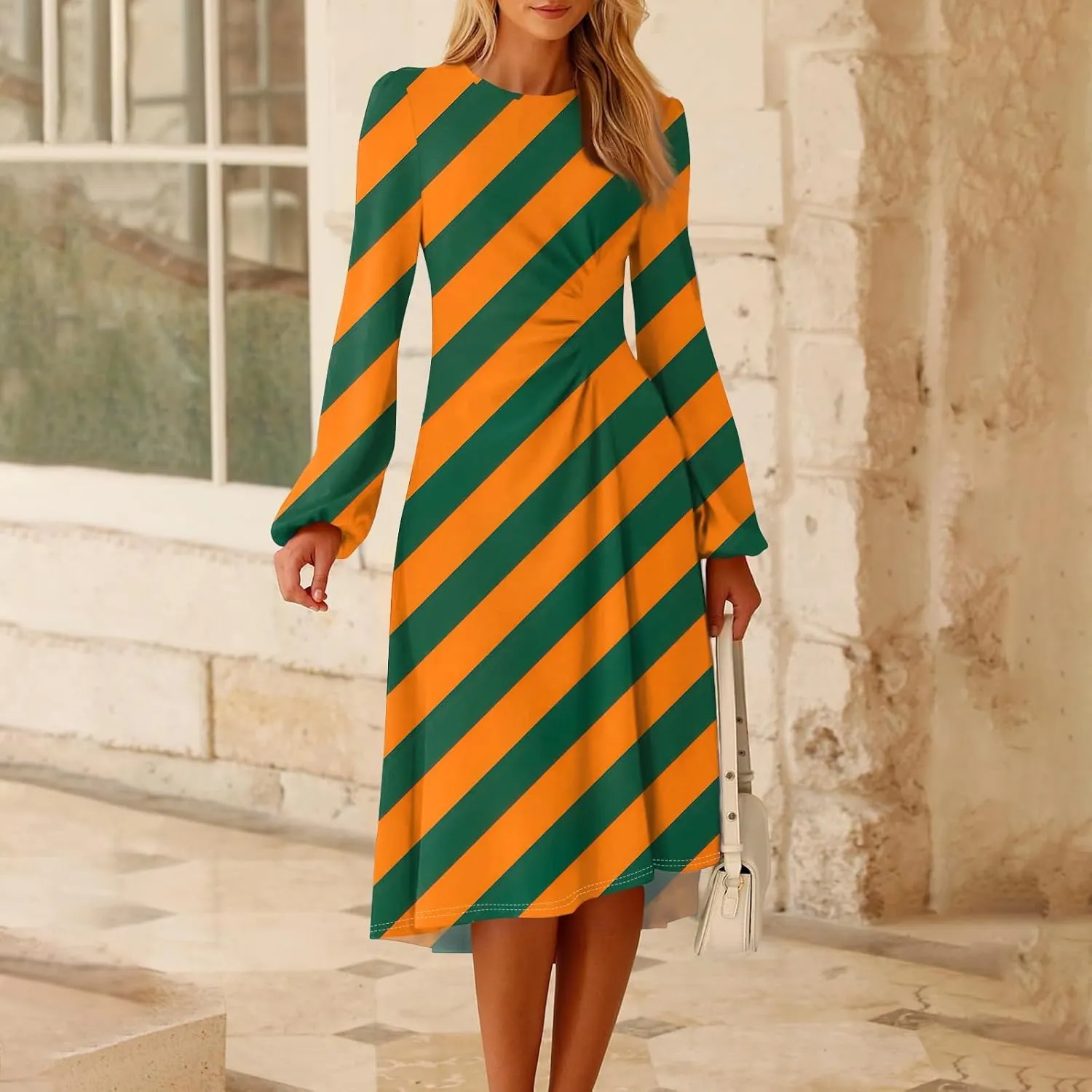 Women's Fashion Casual Print Round Neck Long Sleeve Midi Fashion Dress