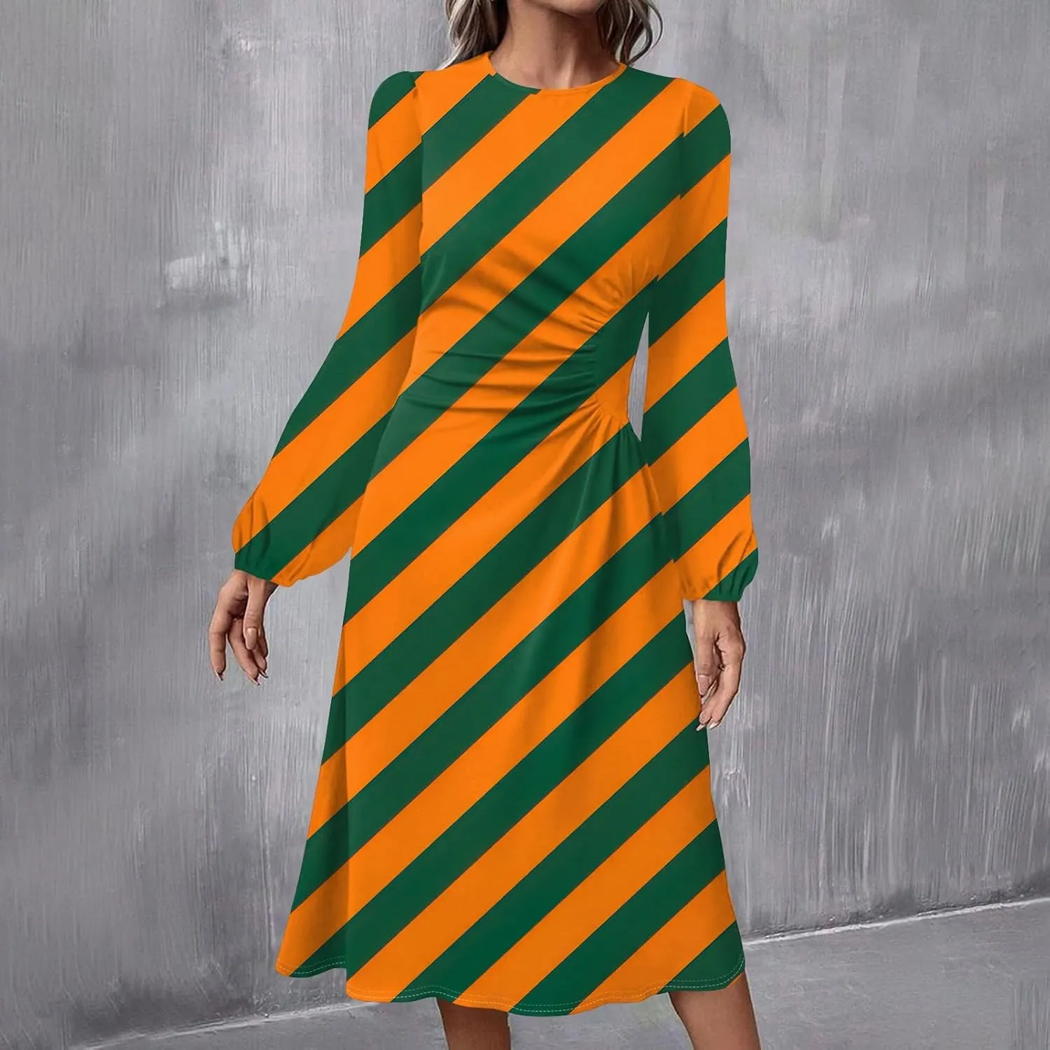 Women's Fashion Casual Print Round Neck Long Sleeve Midi Fashion Dress