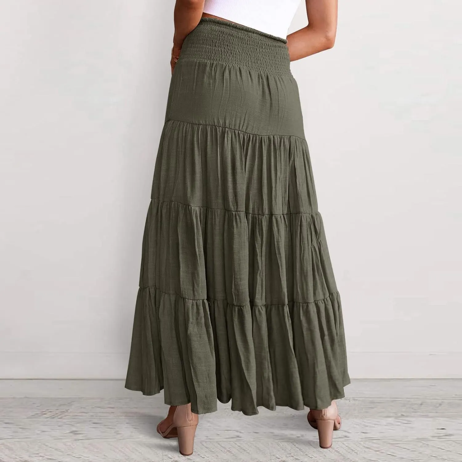 Womens Floral Boho Maxi Skirt Elastic High Waist Tiered Pleated Flowy Long Summer Casual Beach Skirt