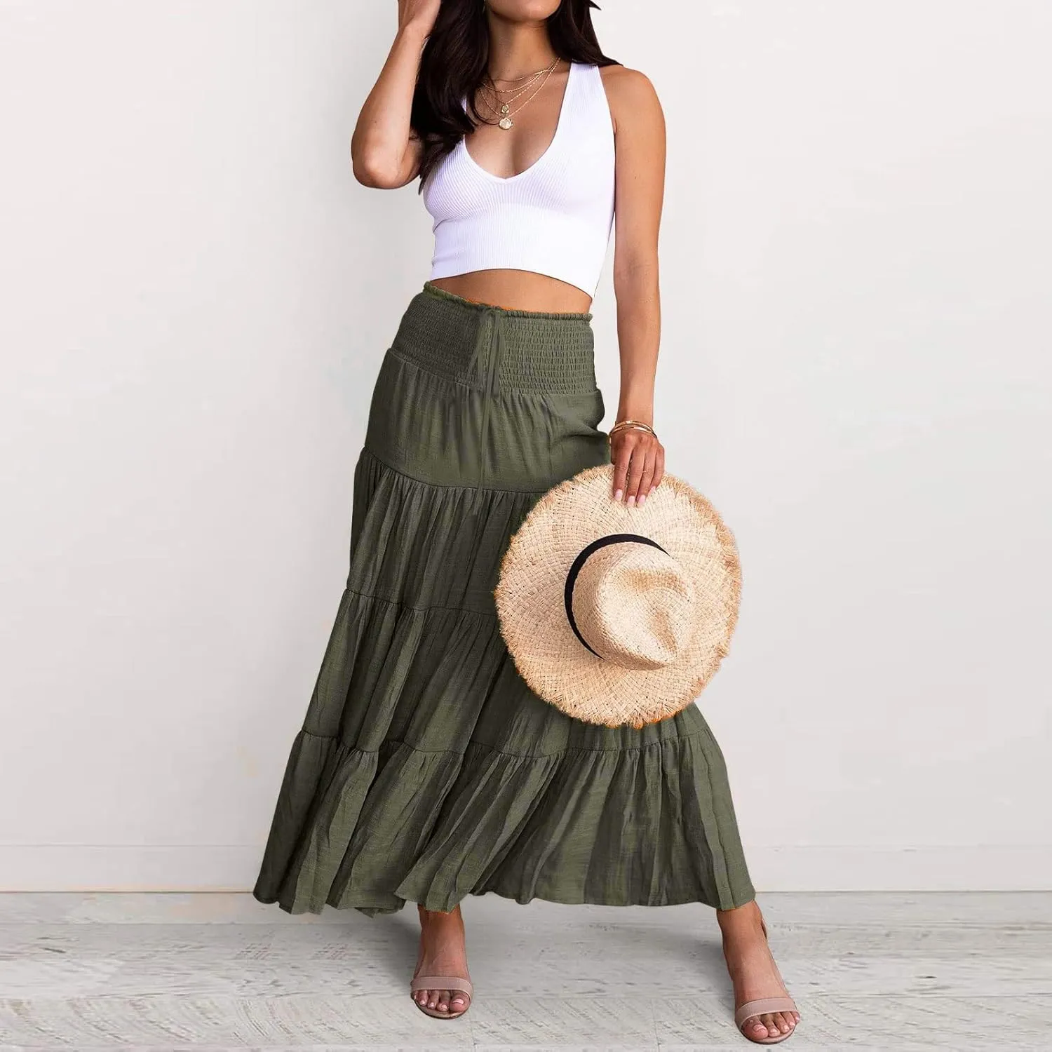 Womens Floral Boho Maxi Skirt Elastic High Waist Tiered Pleated Flowy Long Summer Casual Beach Skirt