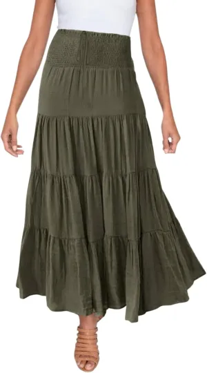 Womens Floral Boho Maxi Skirt Elastic High Waist Tiered Pleated Flowy Long Summer Casual Beach Skirt
