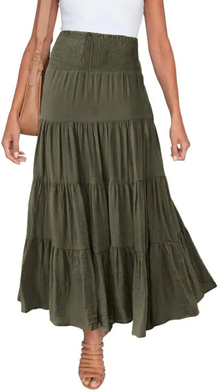 Womens Floral Boho Maxi Skirt Elastic High Waist Tiered Pleated Flowy Long Summer Casual Beach Skirt
