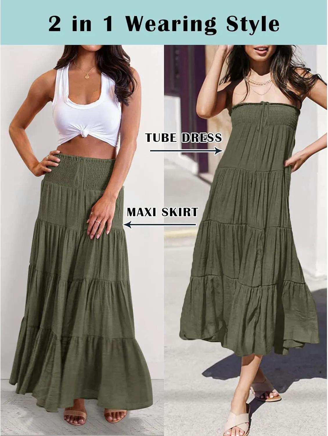 Womens Floral Boho Maxi Skirt Elastic High Waist Tiered Pleated Flowy Long Summer Casual Beach Skirt