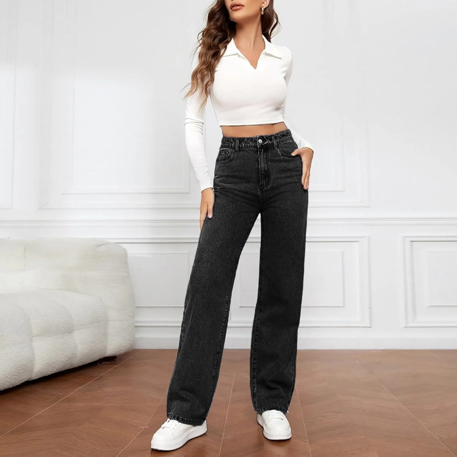 Women's Jeans Trendy High Waisted Jeans Stretch Straight Leg Jeans with Pockets