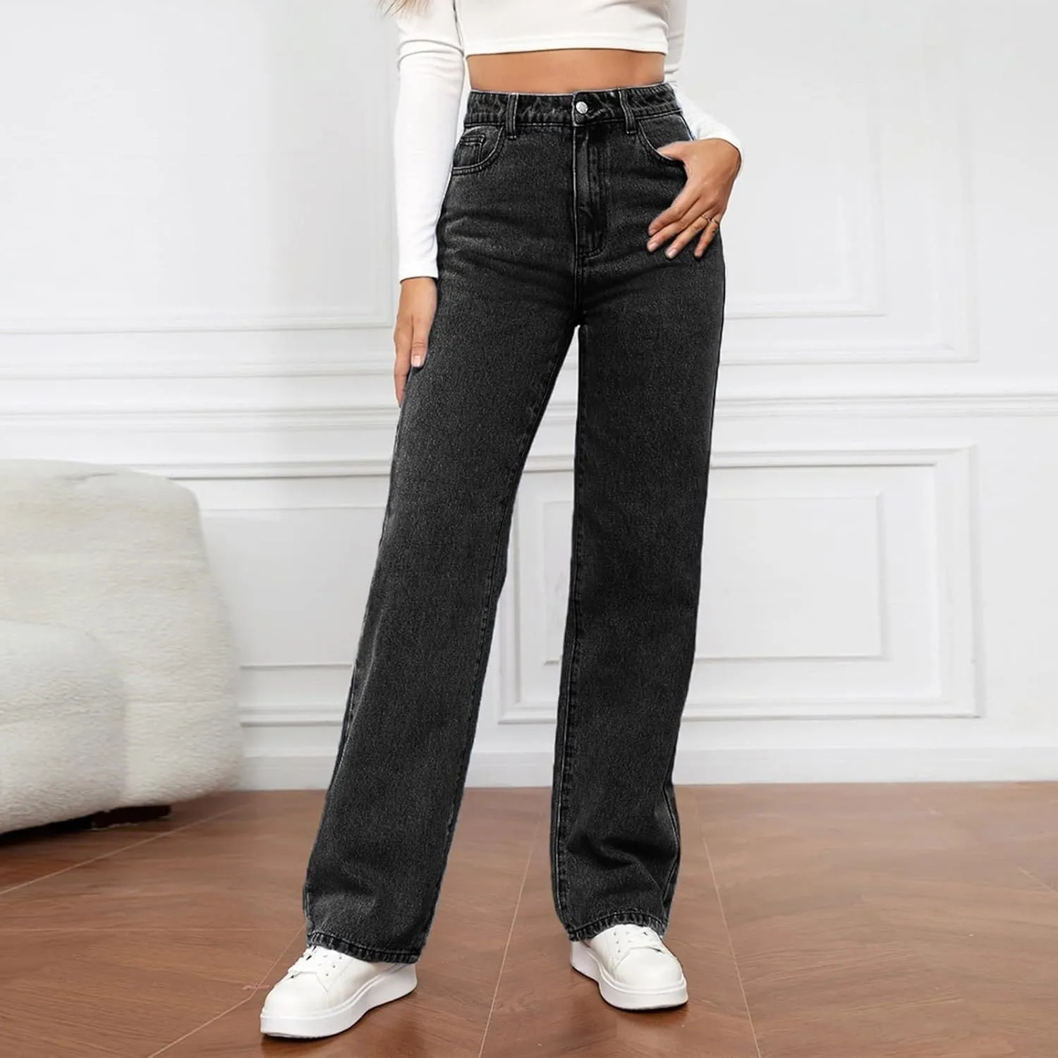 Women's Jeans Trendy High Waisted Jeans Stretch Straight Leg Jeans with Pockets