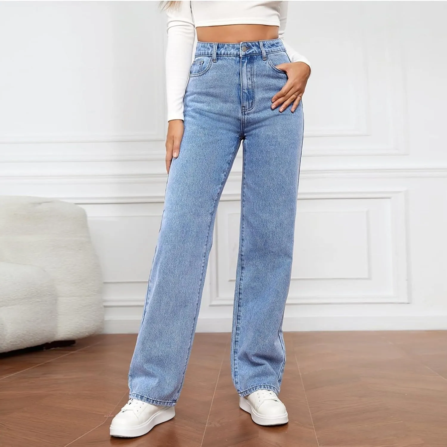Women's Jeans Trendy High Waisted Jeans Stretch Straight Leg Jeans with Pockets
