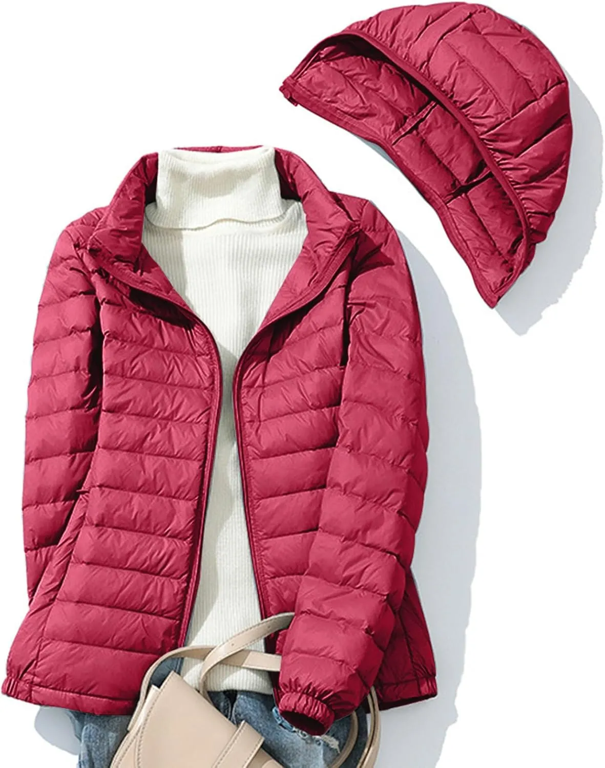Women's Lightweight Puffer Coats Quilted Down Jacket Warm Winter Jacket Long Sleeve Full Zip Packable Hooded Jackets