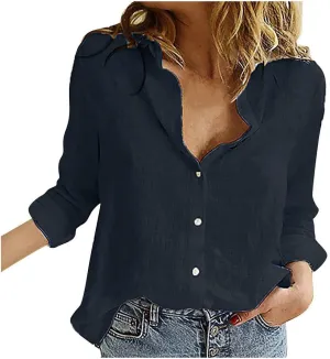 Womens Linen Shirts Summer Linen Plain Solid Short Sleeve T-Shirt Casual Loose Henley V-Neck Tee Shirts