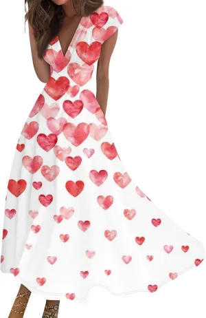 Women's Long Casual Dress Spring Summer Short Sleeve V-Neck Waist Retraction Printed Dress Fashion