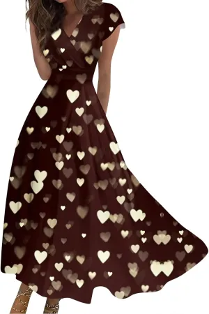Women's Long Casual Dress Spring Summer Short Sleeve V-Neck Waist Retraction Printed Dress Fashion