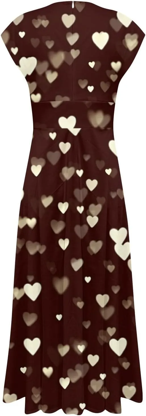 Women's Long Casual Dress Spring Summer Short Sleeve V-Neck Waist Retraction Printed Dress Fashion