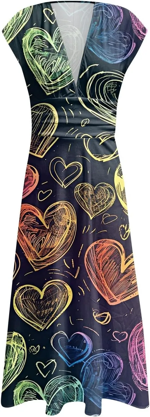 Women's Long Casual Dress Spring Summer Short Sleeve V-Neck Waist Retraction Printed Dress Fashion