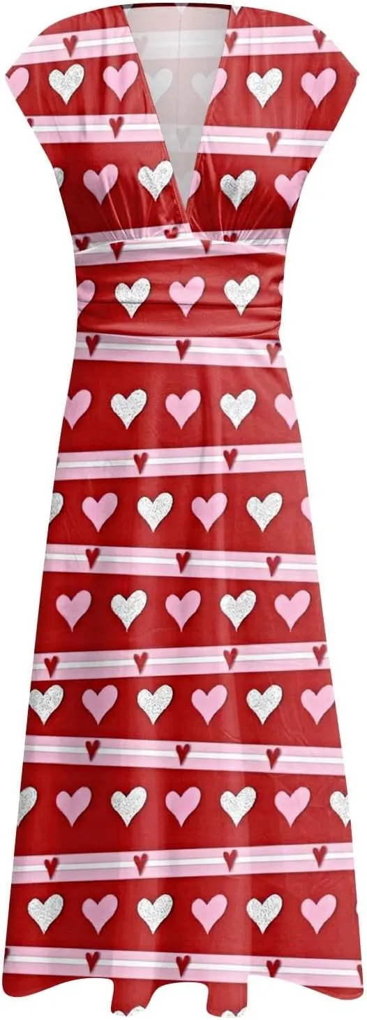Women's Long Casual Dress Spring Summer Short Sleeve V-Neck Waist Retraction Printed Dress Fashion