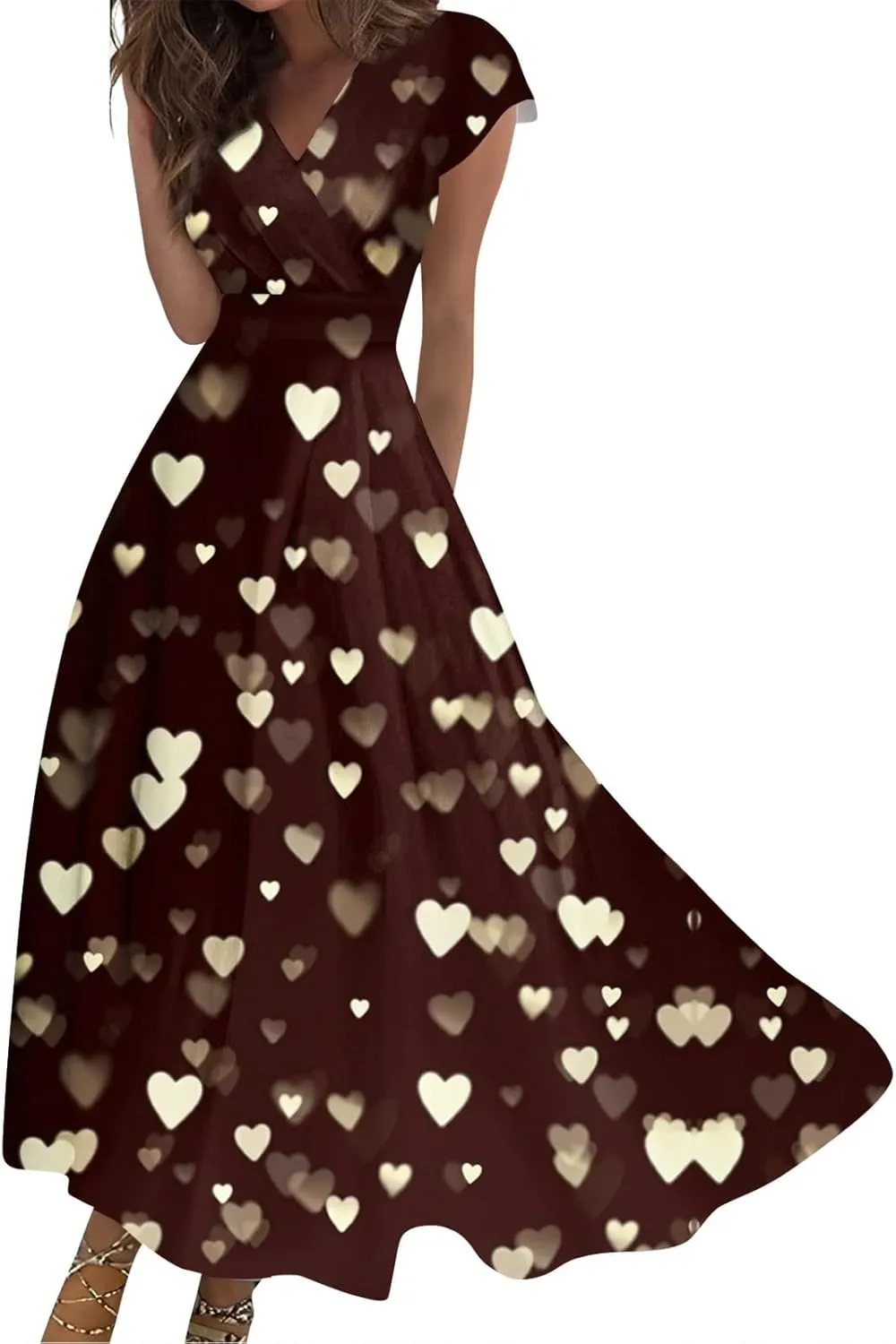 Women's Long Casual Dress Spring Summer Short Sleeve V-Neck Waist Retraction Printed Dress Fashion