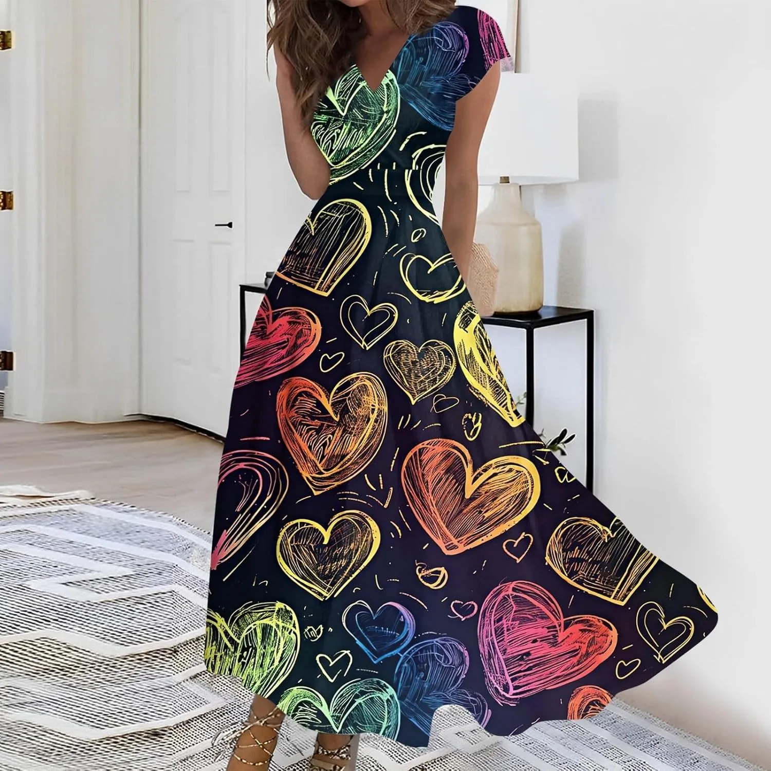 Women's Long Casual Dress Spring Summer Short Sleeve V-Neck Waist Retraction Printed Dress Fashion