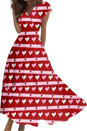 Women's Long Casual Dress Spring Summer Short Sleeve V-Neck Waist Retraction Printed Dress Fashion